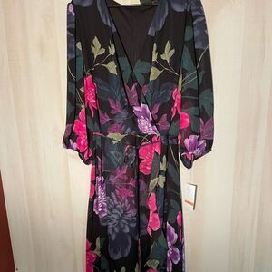 Maison Tara black pink floral faux wrap maxi dress 24W PLUS Fall Winter Holiday
